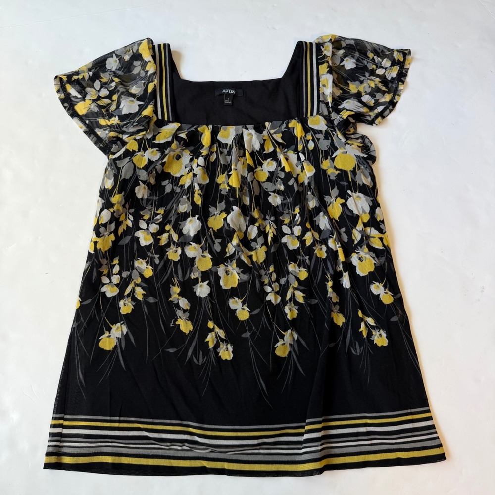 Apt 9 Floral Mesh Babydoll Top Black Yellow Y2K Whimsigoth Ruffle Cap Sleeve S